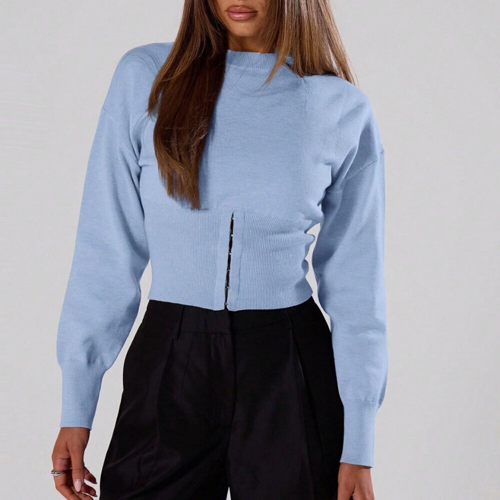 Baby Blue Casual Women's Soft Knit Elegant Cinched Waist Jumper